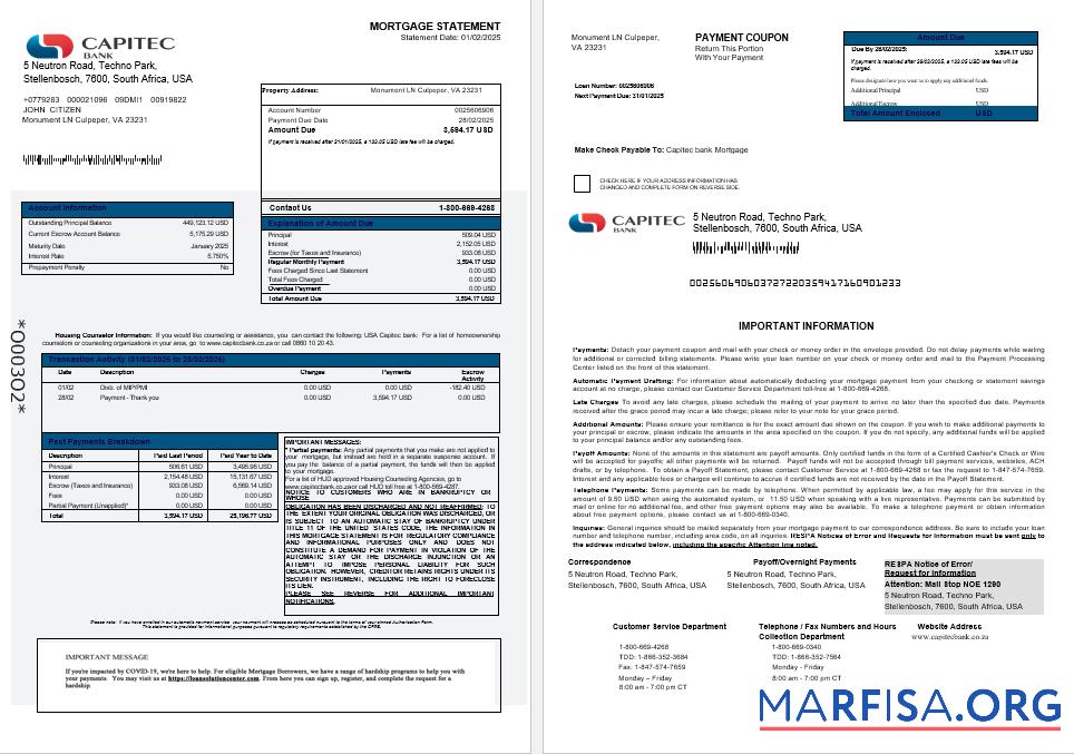 Blank USA Capitec bank mortgage statement in Word and PDF formats 1 2 sample